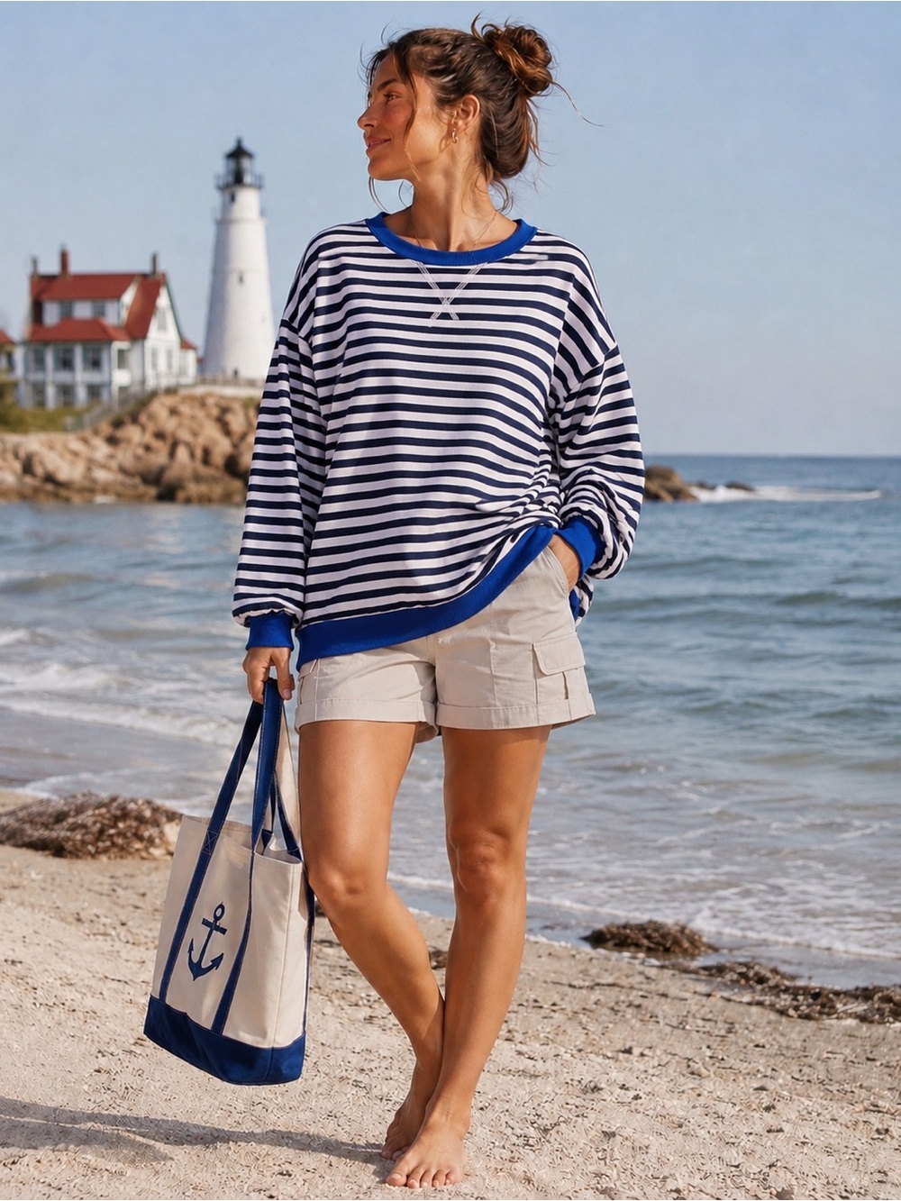 Kikibell Striped Nautical Coastal Balloon Sleeve Sweatshirt Size S